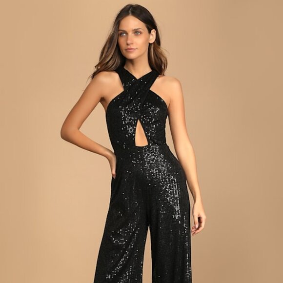 Lulus Shining Confidence Black Sequin Cutout Halter Wide-leg Jumpsuit - Size XS - Picture 1 of 3